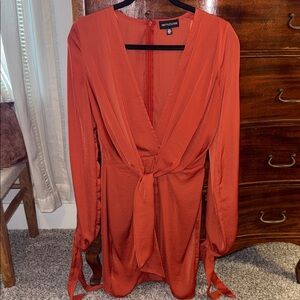 PrettyLittleThing Rust Orange Tie-Detail Long Sleeve Mini Dress
